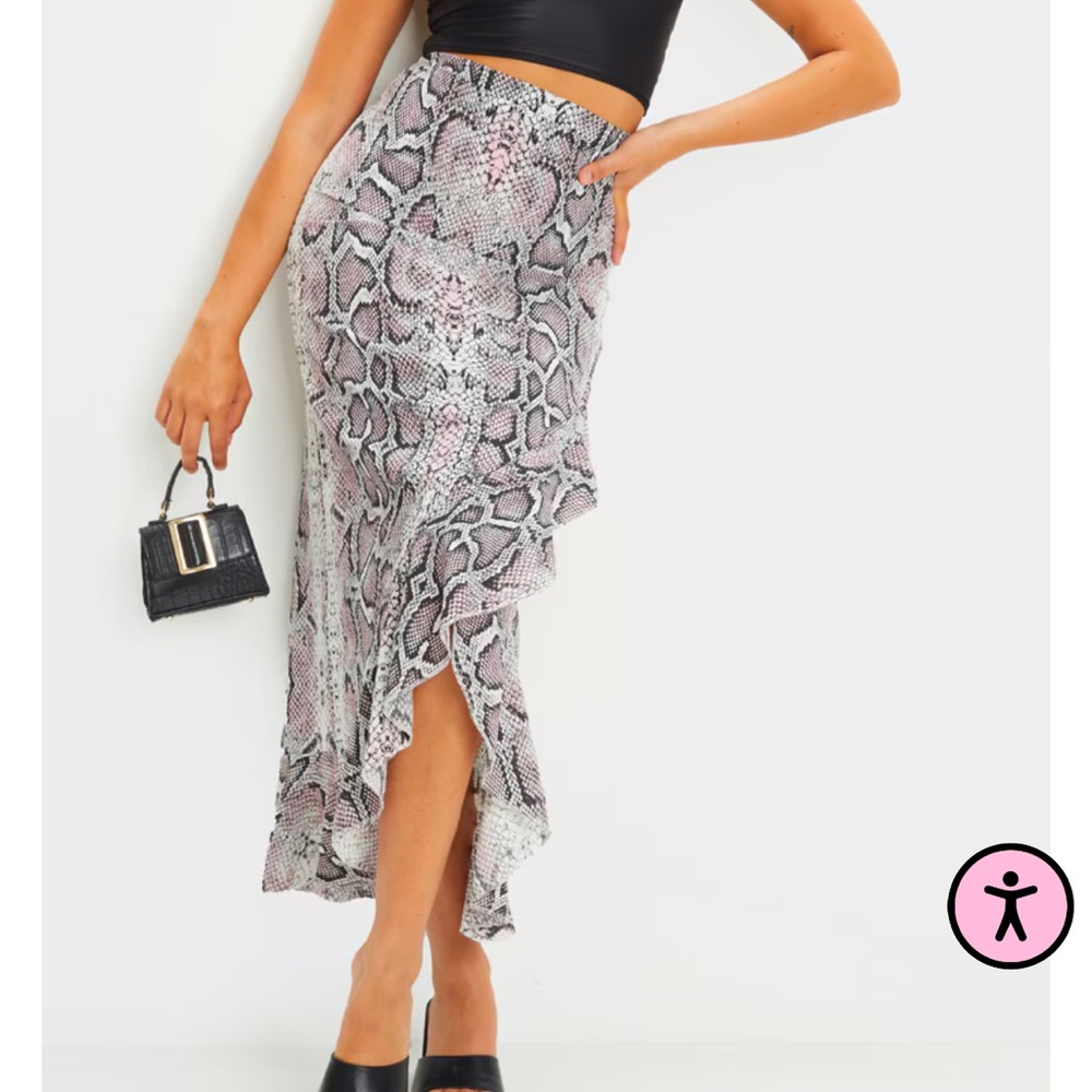 PINK SNAKE WOVEN FRILL HEM MIDI SKIRT
